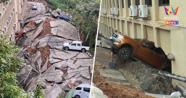 เปิดภาพความเสียหาย ดินสไลด์ดันรถขึ้นไปสูงเท่าชั้น 2 ตึก